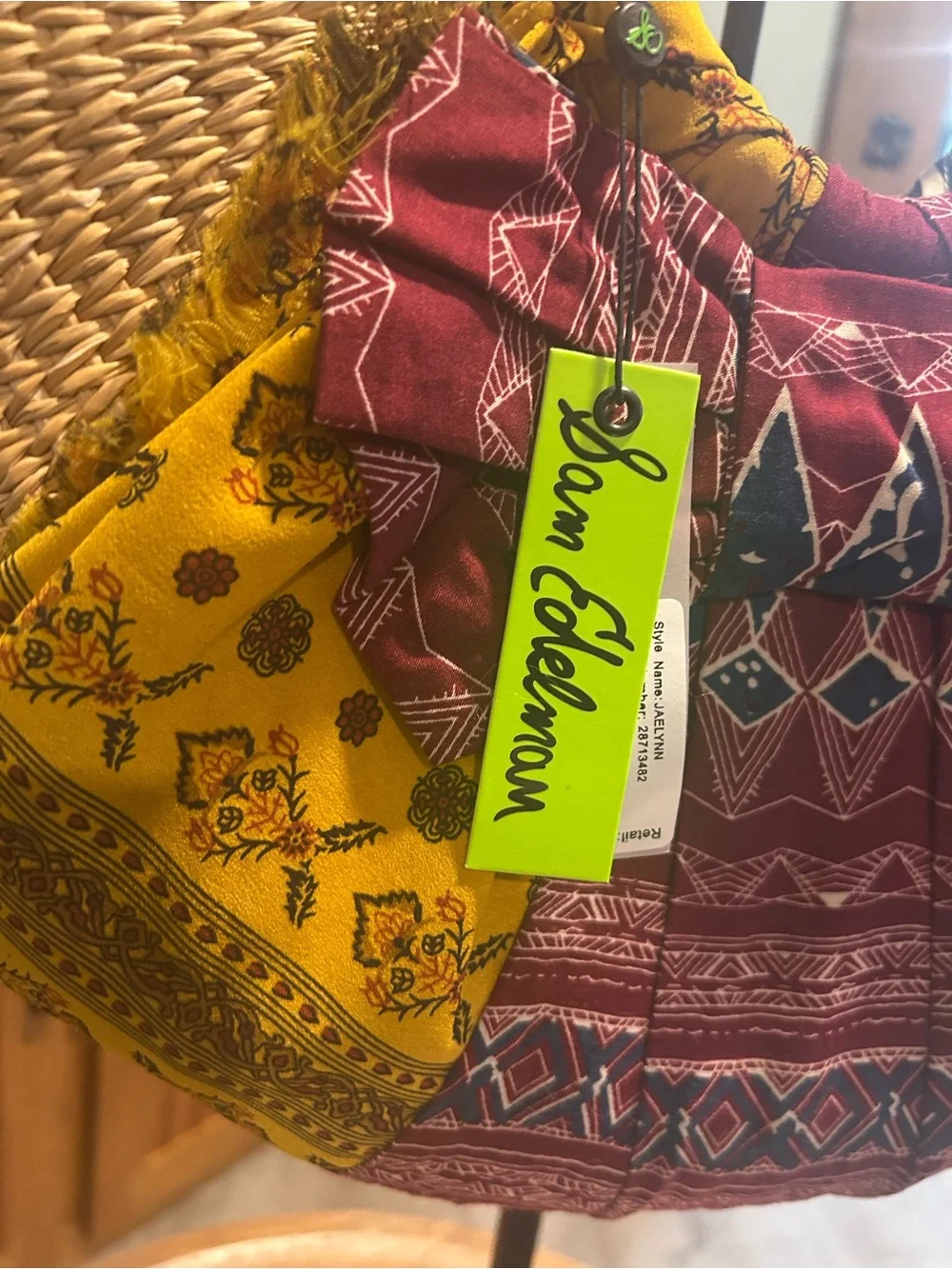 Sam Edelman Straw Tote with Yellow, Red & Black Scarf Accents